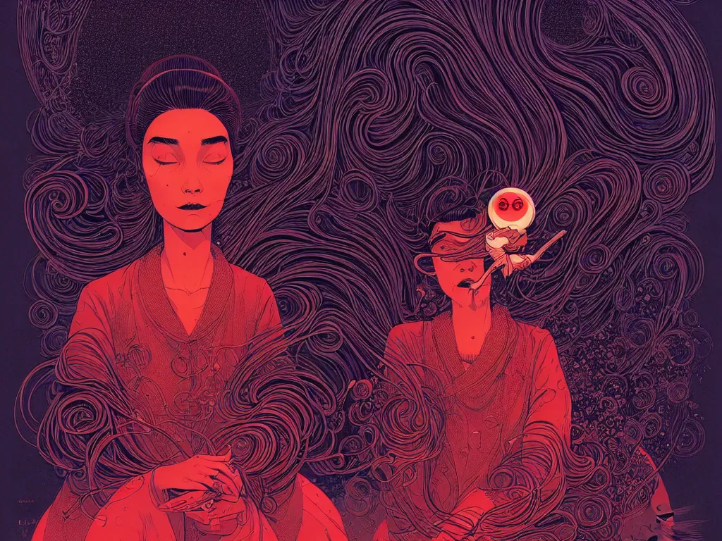 Prompt: beautiful woman by balmy enso, jamie hewlett, nicolas delort, moebius, victo ngai, josan gonzalez, kilian eng