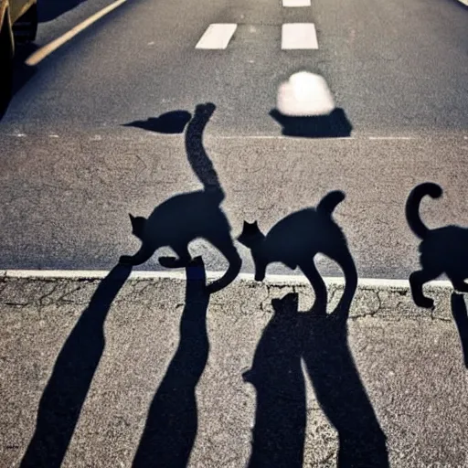 Prompt: cats crossing the street but only their shadows are visible