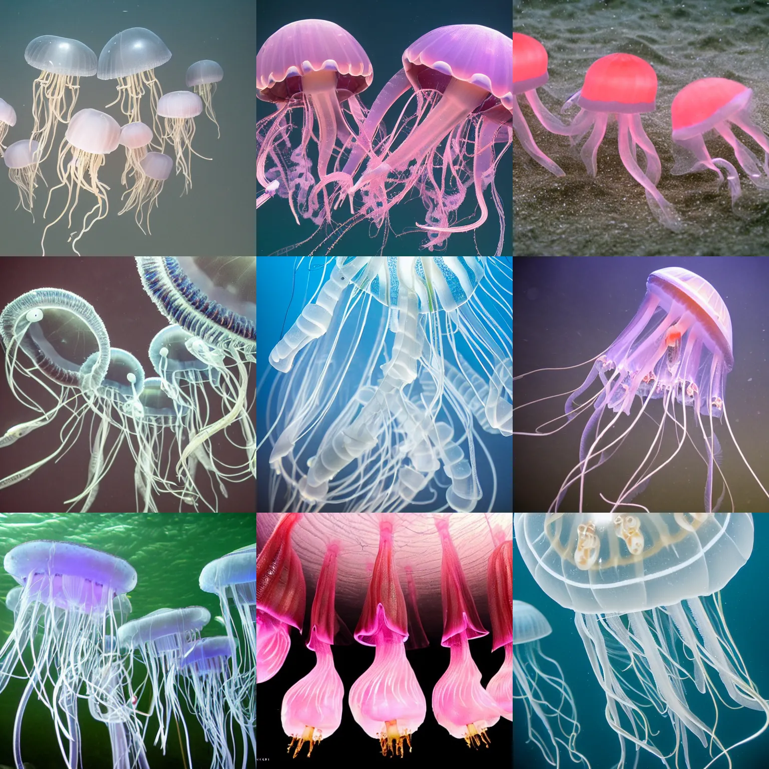 Prompt: promo photos of a group of jellyfish that form a power pop band
