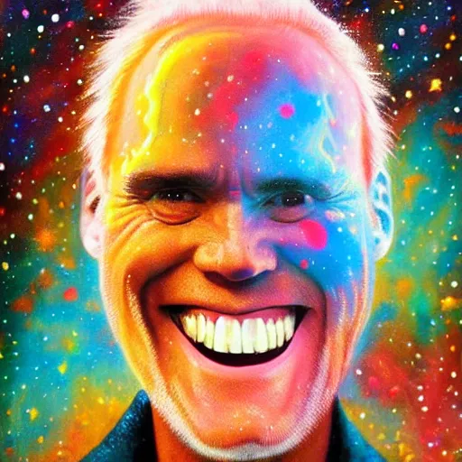 Image similar to jim carrey big smile exploding head, cosmic starfield background oil painting masterwork trending on artstation