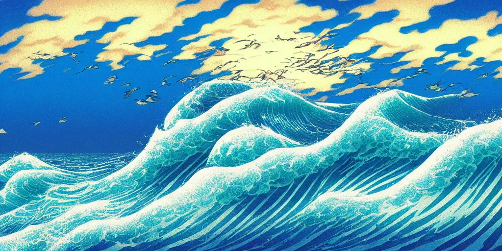 Prompt: clouds and wings and waves, An aesthetically pleasing, dynamic, energetic, lively, well-designed digital art of a beach, ripples, waves, sea foam, light and shadow, overlaid with aizome patterns, by Ohara Koson and Thomas Kinkade and Bob Ross, traditional Japanese colors, superior quality, masterpiece