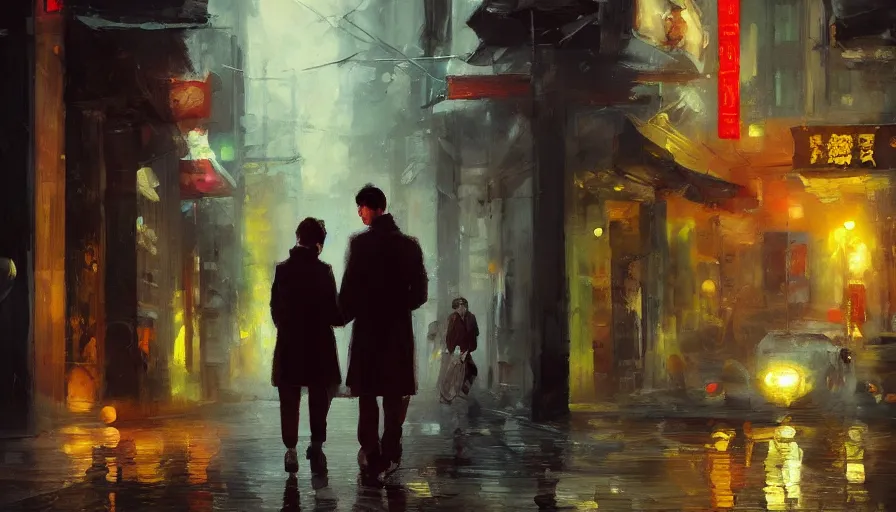 Image similar to in the mood for love, cinematic shot, oil painting by jama jurabaev, extremely detailed, brush hard, artstation, for aaa game, high quality, brush stroke