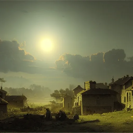 Image similar to dark solar eclipse, above a village, highly detailed, studio 4 k quality, by alexandre calame