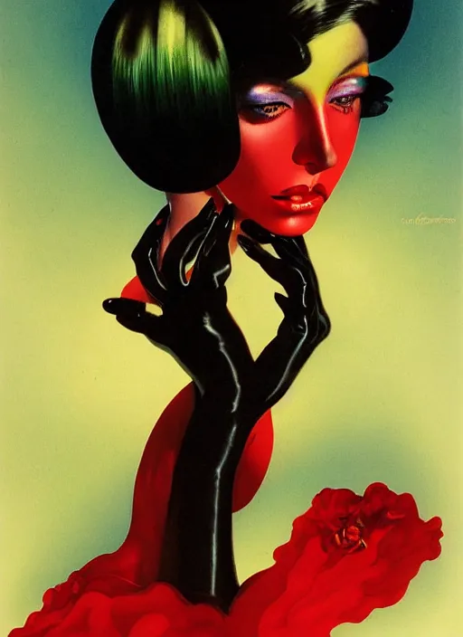 Image similar to an 8 0 s portrait of a woman with dark eye - shadow and red lips with dark slicked back hair dreaming acid - fueled hallucinations by serge lutens, rolf armstrong, delphin enjolras, peter elson