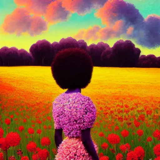 Prompt: afro made of flowers, girl standing in a field with flowers, surreal photography, hills, big trees, sunrise dramatic light, impressionist painting, colorful clouds, digital painting, pointillism, artstation, simon stalenhag