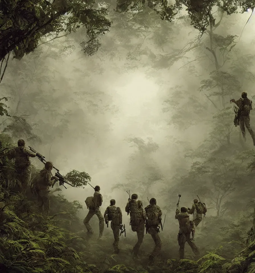 Image similar to A picture of a special forces team consisting of Mel Gibson, Tuesday Weld, James Caan, Don Johnson, Dieter Meier and Rebecca de Mornay professionally working together to find out a way of a dense and foggy rainforest. A detailed and realistic Illustration made by Greg Rutkowski, Peter Elson, Bruce Pennington and Michael Whelan using state of the art painting equipment.