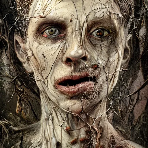 Prompt: realistic portrait undead creature made of rotting driftwood and moss. heald together by spiderwebs and fungi, dungeons and dragons, by Elodie Mondoloni, detailed intricate ink illustration, dark atmosphere, detailed illustration, hd, 4k, digital art, overdetailed art, concept art, by greg rutkowski, by loish, complementing colors, Trending on artstation, deviantart