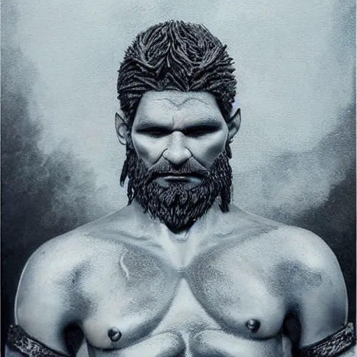 Image similar to of a viking from valhalla, wearing the horned helmet ultra fine detail, hair strands, ultra high resolution, fine texture detail, miniature painting techniques, perfect proportions, marvel cinematic universe, eric bana