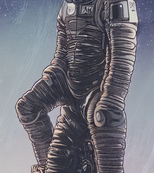 Prompt: cyberpunk japanese engineer with long limbs and a black spacesuit on a spacewalk, techwear, dead space, visible face, Industrial Scifi, detailed illustration, character portrait, by Martin Grip and Moebius