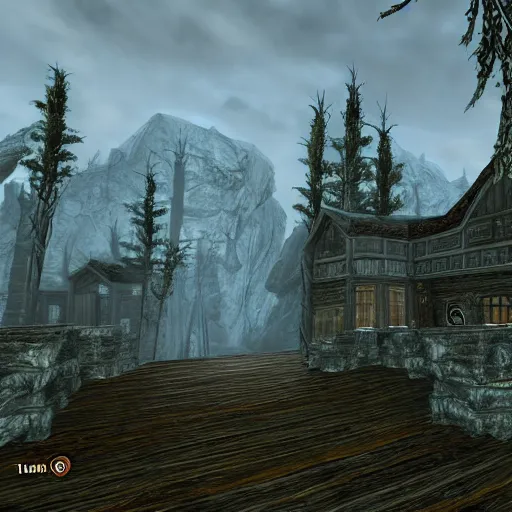 Prompt: Elder Scrolls Skyrim game screenshot of a large house shaped like a fox, made of wood