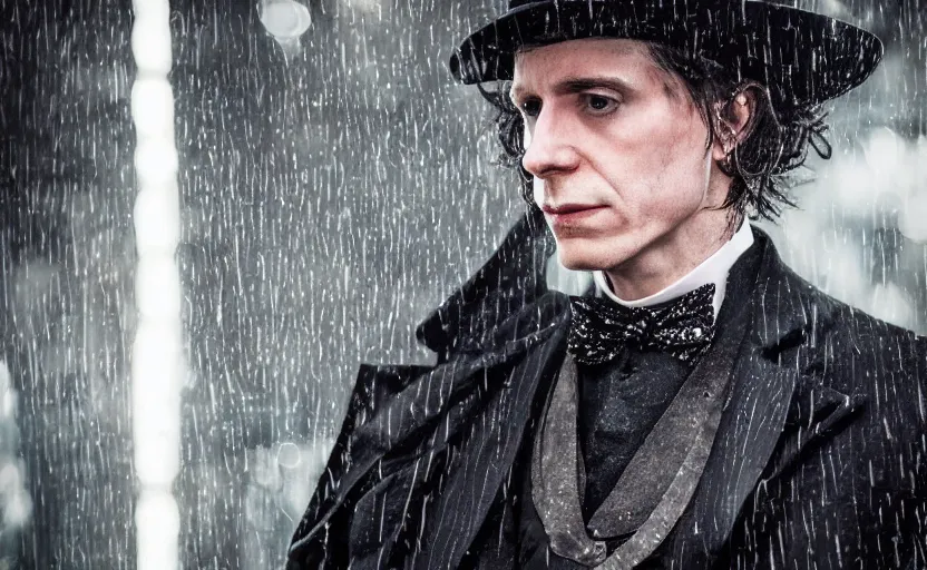 Image similar to cinestill 5 0 d candid photographic portrait by david cronenberg of baroque steampunk cyborg gentleman wearing an edwardian suit and top hat, modern cyberpunk moody emotional cinematic, closeup, pouring rain menacing lights shadows, 8 k, hd, high resolution, 3 5 mm, f / 3 2, ultra realistic faces, ex machina