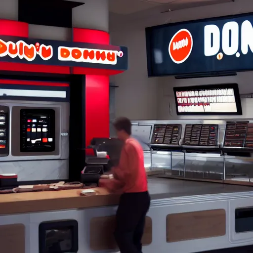 Image similar to darth vador working at dunkin donuts , 8k cinematic lighting, very sharp detail, anatomically correct