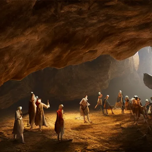 Prompt: medieval people dancing in a cave, there are crystals on the ceiling and on the ground, matte painting, 4k, very detailed