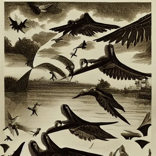 Image similar to escher print of pterodactyls