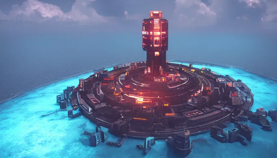 Prompt: a island in the middle of the ocean with a large cyberpunk tower on it, octane, redshift, volumetric lighting, reflections