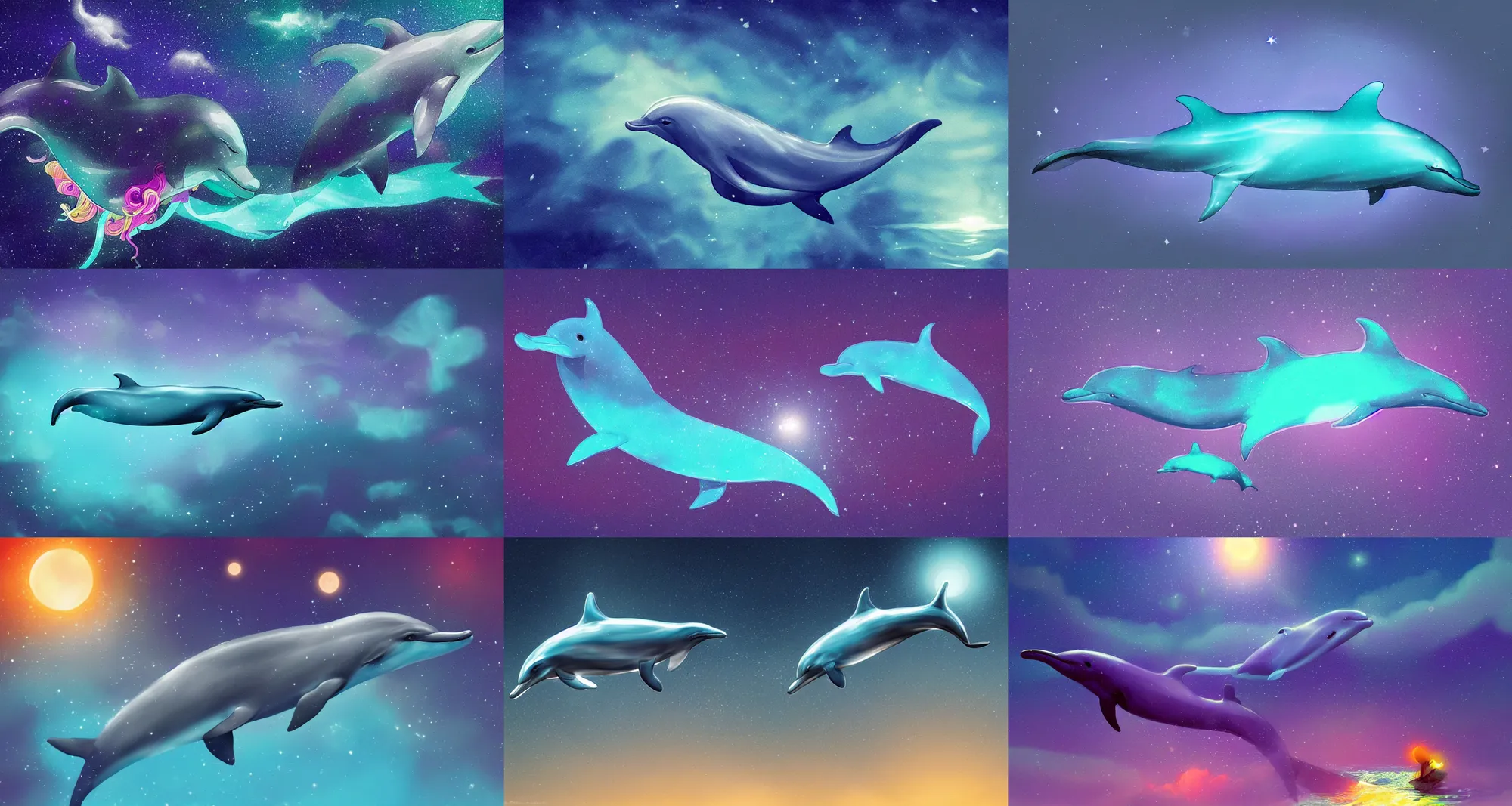 Prompt: luminescent dolphin swimming in the night sky, concept art, digital art, glow