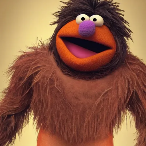 Image similar to a still of a forgotten muppet character looking very manly and modern, hilarious, laughing, hairy chest, huge chin, manly monster tough guy, roughled fur, photo real, photographic, photograph, artstation, trending, featured