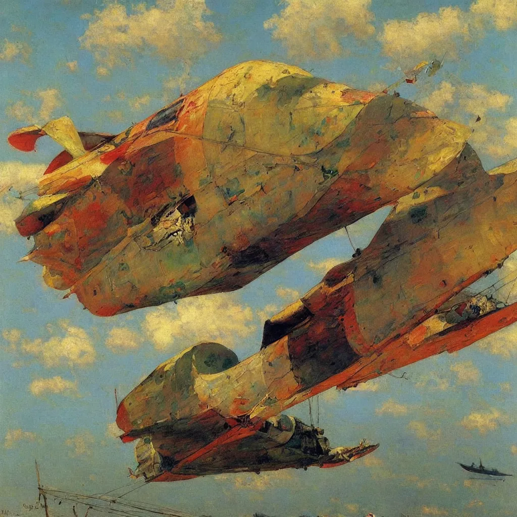 Image similar to colorful zepplin with rudders, 1905, colorful highly detailed oil on canvas, by Ilya Repin