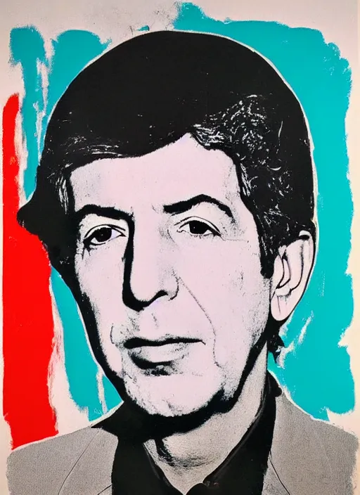 Image similar to Leonard Cohen portrait, By andy warhol