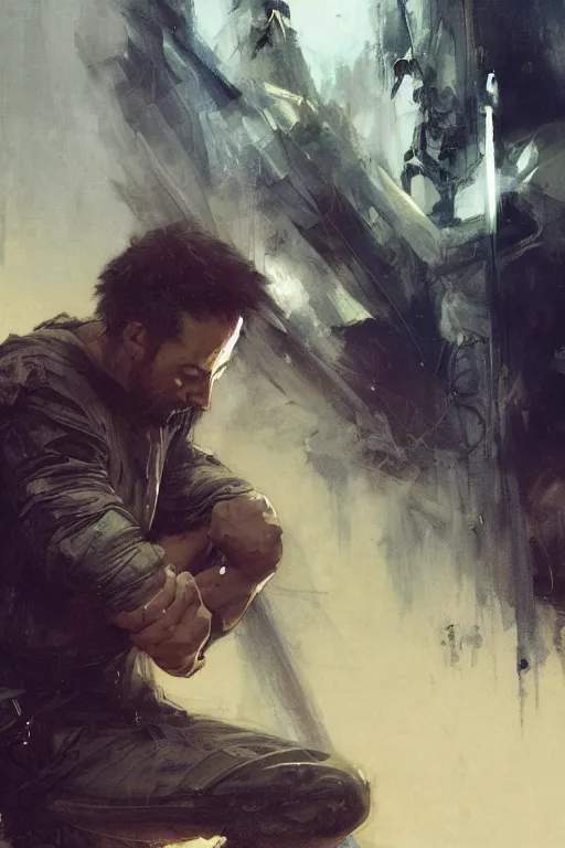 Image similar to man kneeling at the foot of a wooden cross, dramatic lighting art by Yoji Shinkawa by Richard Schmid by greg rutkowski by Sandra Chevrier by Jeremy Lipking cinematic dramatic, by frank miller, illustration by Ruan Jia and Mandy Jurgens and William-Adolphe Bouguereau, Artgerm, 4k, digital art, surreal, space dandy style, highly detailed, godsend, artstation, digital painting, concept art, smooth, sharp focus, illustration by Ruan Jia and Mandy Jurgens and William-Adolphe Bouguereau, Artgerm