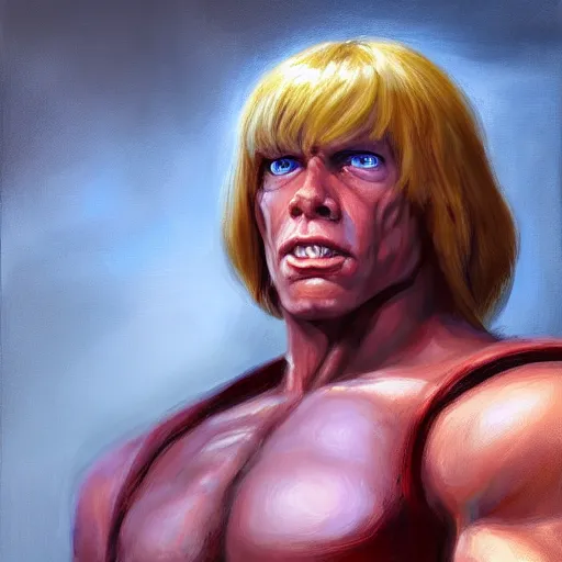 Prompt: portrait painting of he - man, art by kenne gregoire, 4 k, ultra realistic, highly detailed, epic lighting