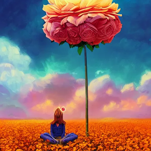 Image similar to giant rose flower head, full body girl sitting in a flower field, surreal photography, sunrise, dramatic light, impressionist painting, colorful clouds, digital painting, artstation, simon stalenhag