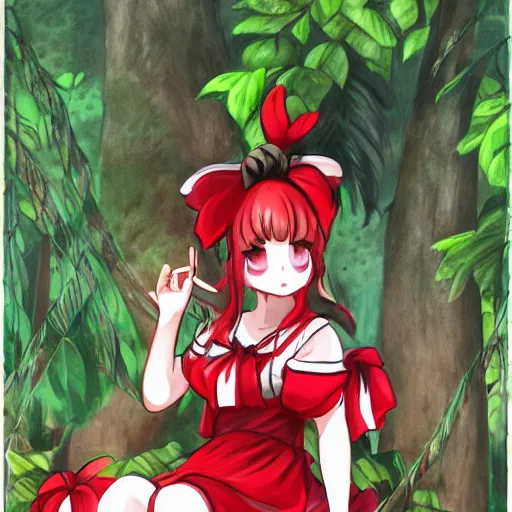 Prompt: a drawing of reimu in the jungle wearing bonnet