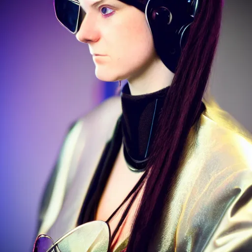 Image similar to an award finning closeup photo by a famous portrait photographer of a beautiful female bohemian cyberpunk techno rock musician aged 2 1 in excessively fashionable gear