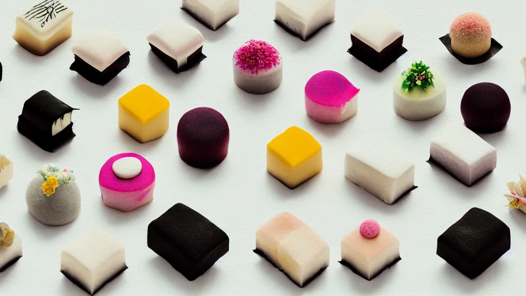 Image similar to a sparse arrangement of wagashi cakes, japan, a collage painting, in the style of wes anderson, lola dupre, david hockney, isolated on negative white space background dark monochrome neon spraypaint accents volumetric octane render