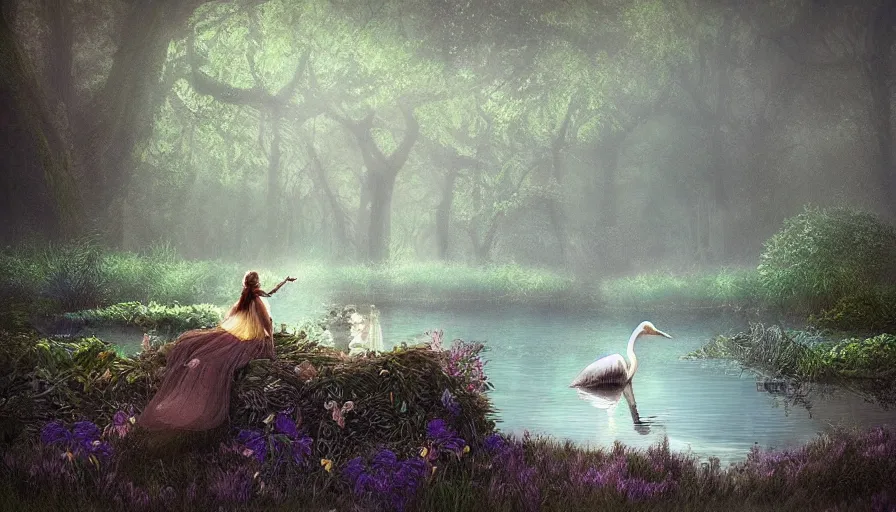 Image similar to a fairy riding a heron over a misty lake, ambient lighting, light bloom, in the style of Edward Robert Hughes!!!! and Over the Garden Wall