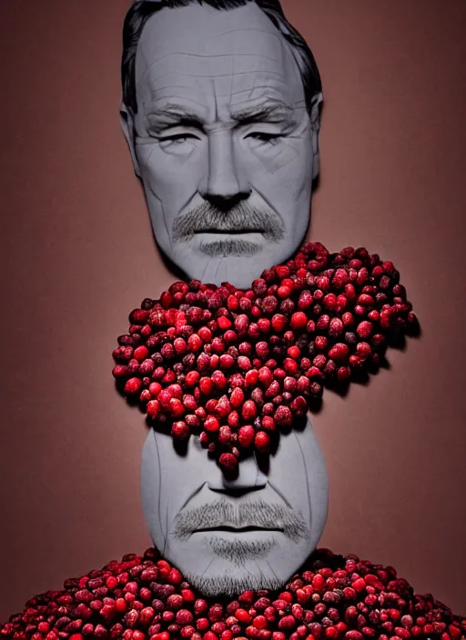 Prompt: a mountain of cranberries in the shape of bryan cranston's face, cranberry statue, natural light, sharp, detailed red face, magazine, press, photo, steve mccurry, david lazar, canon, nikon, focus