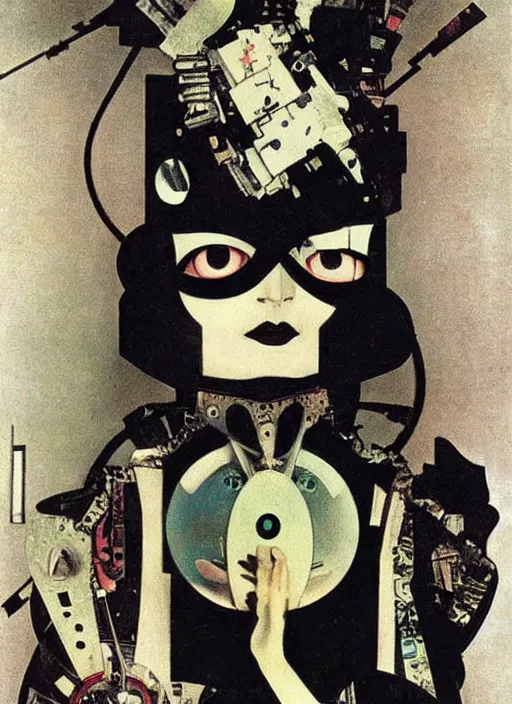 Image similar to cute punk goth fashion fractal alien martian girl with wearing a television helmet and kimono made of circuits and leds, surreal Dada collage by Man Ray Kurt Schwitters Hannah Höch Alphonse Mucha