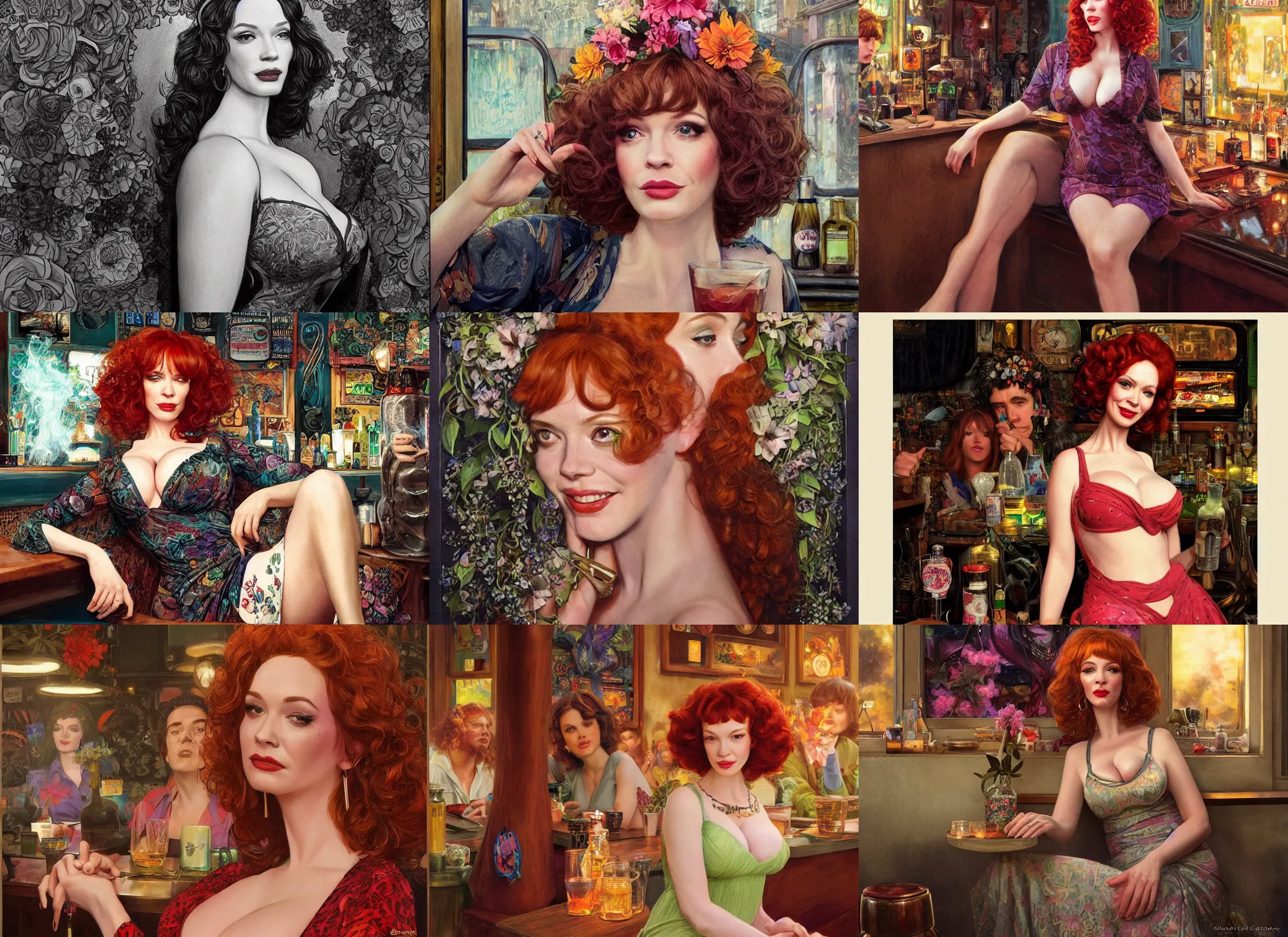 Prompt: Christina Hendricks as a 1960s flower power hippy relaxing in a smokey dark bar, elegant, highly detailed, depth of field, Artstation, Artgerm, Donato Giancola and Joseph Christian Leyendecker