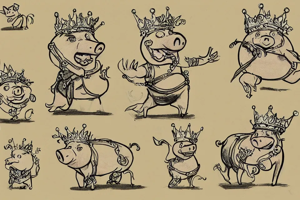 Image similar to concept sketches of a pig wearing a gold crown by Bill Watterson, in the style of 1970s cartoons