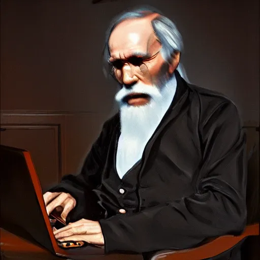 Image similar to painting of leo tolstoy as hacker, leo tolstoy coding, leo tolstoy a hacker, trending on artstation, unreal engine, fantasy art