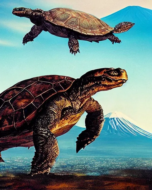 Image similar to photos of Gamera, the giant Turtle kaiju monster with an erupting Mount Fuji in the background, shot in the style of National Geographic, atmospheric, Japan, hyperreal