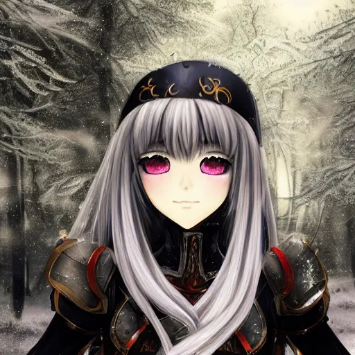 Image similar to focus face portrait of beautiful darkness 3D anime girl as knight, dark forest background, snowing, bokeh, inspired by Masami Kurumada, digital painting, high contrast, unreal engine render, volumetric lighting, high détail