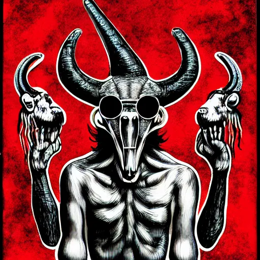 Prompt: graphic illustration, creative design, baphomet, biopunk, francis bacon, highly detailed, hunter s thompson, concept art