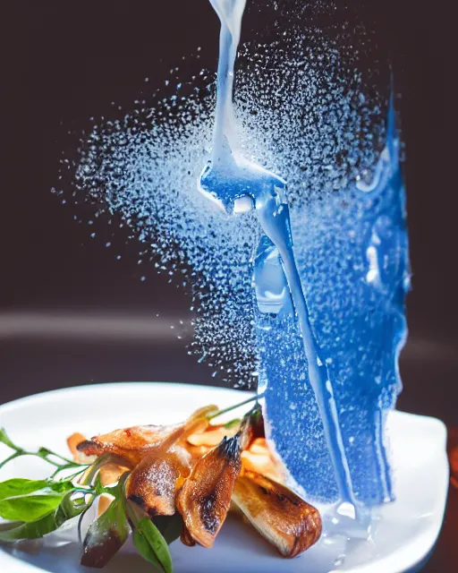 Prompt: elegant fancy food photography of dish consisting of a toast with blue liquid spread over it in a michelin star restaurant,