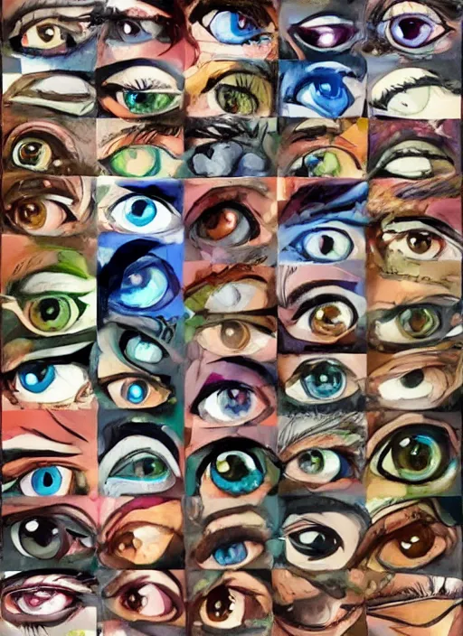 Image similar to diverse eyes!, dot pupils, round pupil, happy human eyes, round iris, advanced art, art styles mix, from wikipedia, grid of styles, various eye shapes