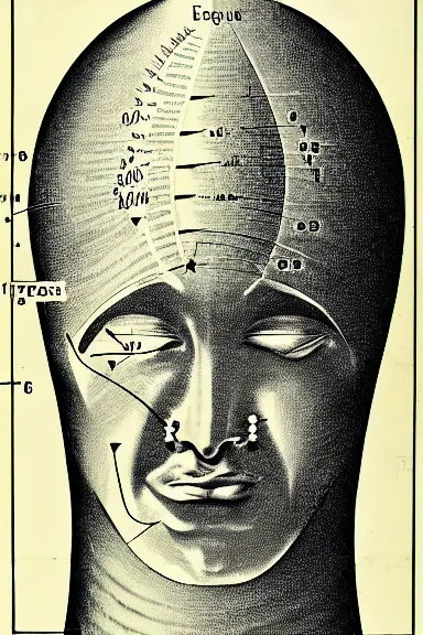 Prompt: A vintage scientific diagram from the 1970s of the Earth as a human face