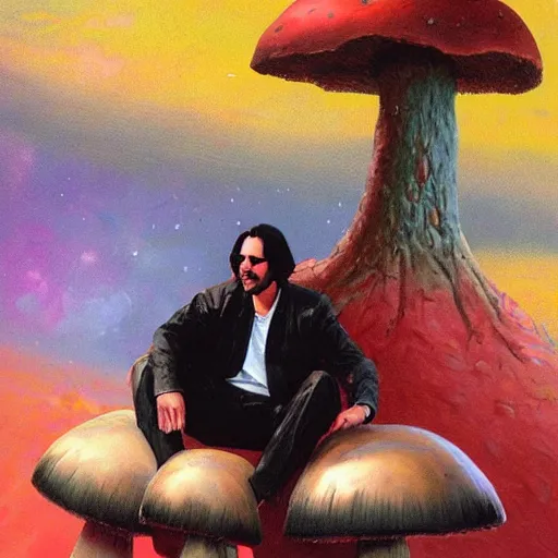 Image similar to Keanu Reeves sitting on a giant mushroom by paul lehr