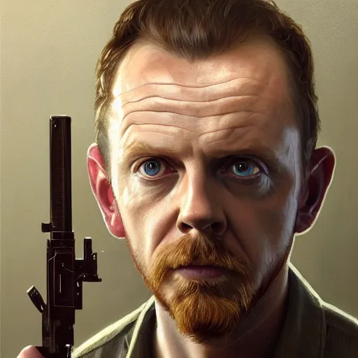 Image similar to portrait painting of simon pegg with a winchester, ultra realistic, concept art, intricate details, eerie, highly detailed, photorealistic, octane render, 8 k, unreal engine. art by artgerm and greg rutkowski and alphonse mucha