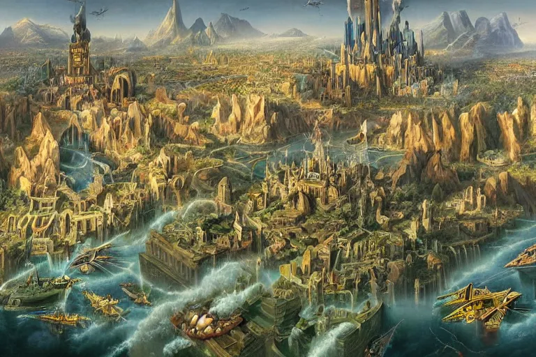 Image similar to a beautiful stunning insanely detailed matte painting of a magical mythical city buzzing with activity by Heironymous Bosch and Jim Burns