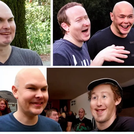 Image similar to billy corgan is seen talking to his friends about going into business together. then billy and mark zuckerberg see an ad in the paper for a house to rent. they are both laughing and trying to decide which to choose