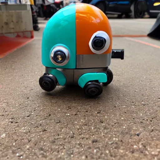 Prompt: photo of a tiny robot mecha snail on an apply at the farmers market