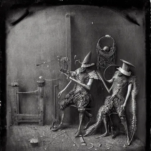 Image similar to wet plate photo, plague doctors in the mist with weird rube goldberg machines, minimalist, joel peter witkin, heironymus bosch, gustave dore, beksinski, giger'