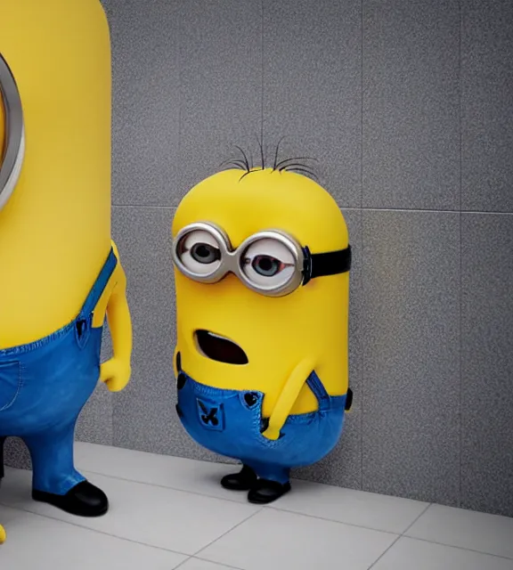 Image similar to a 4 k photorealistic photo of a minion, yellow and blue themed toilet.