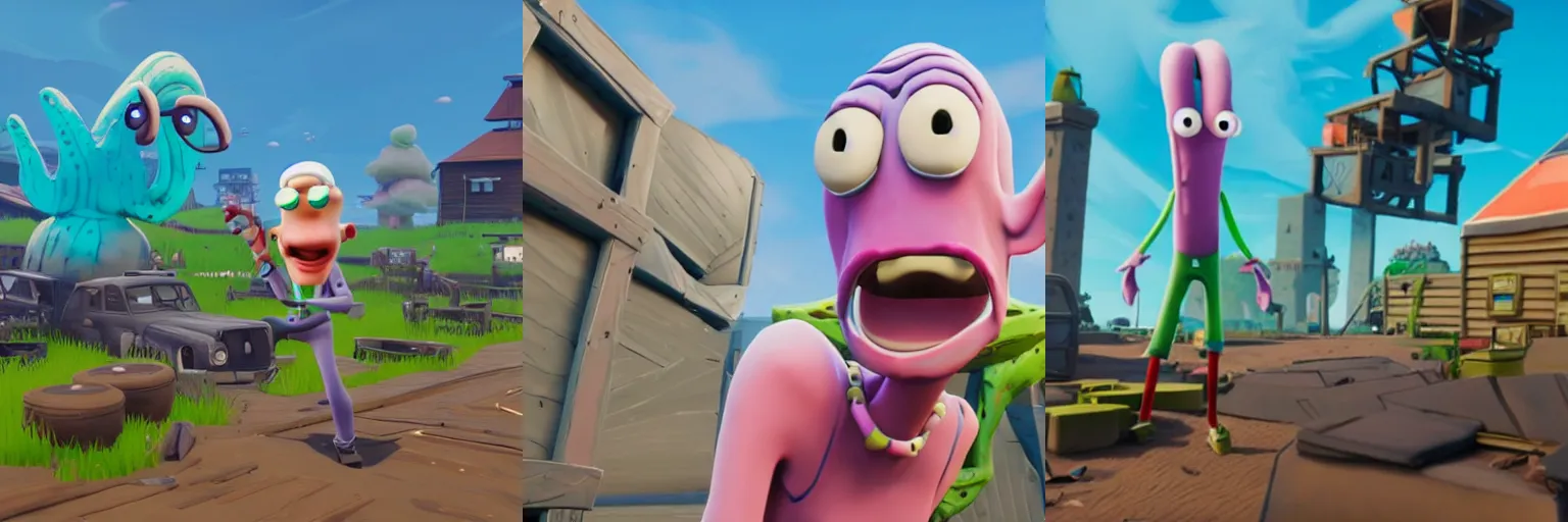 Prompt: in-game screenshot of Squidward in Fortnite