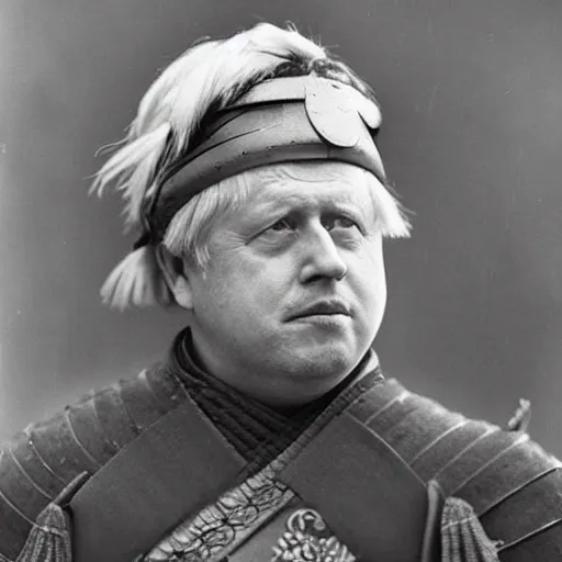 Prompt: “Boris Johnson in full samurai armour, 1900’s photo”